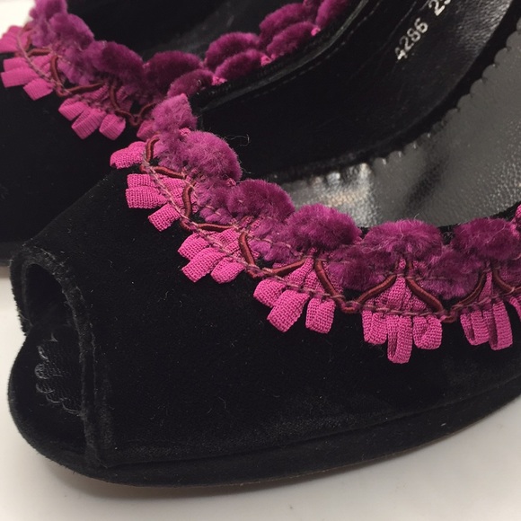 Rebeca Sanver Velvet Peep Toe Heels Black Purple Size 6 Formal - Picture 12 of 14